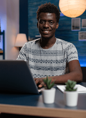 Portrait smiling african american entrepreneur man browsing management information